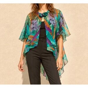 Vintage Miss Dior Boho Green S Tropical Chiffon Rosette High-Low Blouse 1980s